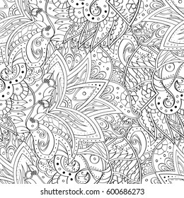 Tracery seamless calming pattern. Mehndi design. Ethnic monochrome binary doodle texture. Curved doodling black and white background. Vector.