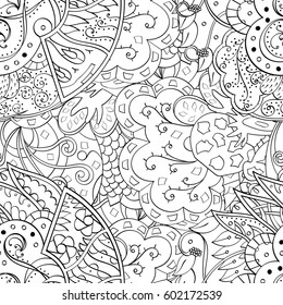 Tracery seamless calming pattern. Mehndi design. Ethnic monochrome binary doodle texture. Curved doodling black and white background. Vector.