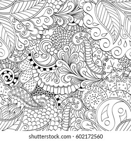 Tracery seamless calming pattern. Mehndi design. Ethnic monochrome binary doodle texture. Curved doodling black and white background. Vector.
