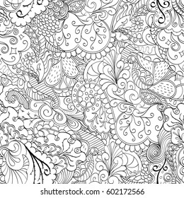 Tracery seamless calming pattern. Mehndi design. Ethnic monochrome binary doodle texture. Curved doodling black and white background. Vector.