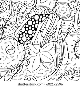 Tracery seamless calming pattern. Mehndi design. Ethnic monochrome binary doodle texture. Curved doodling black and white background. Vector.