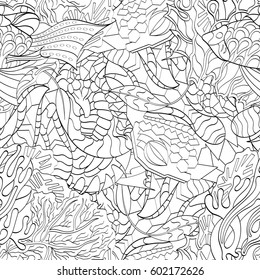 Tracery seamless calming pattern. Mehndi design. Ethnic monochrome binary doodle texture. Curved doodling black and white background. Vector.