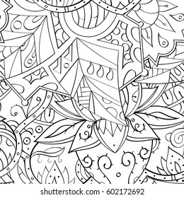 Tracery seamless calming pattern. Mehndi design. Ethnic monochrome binary doodle texture. Curved doodling black and white background. Vector.