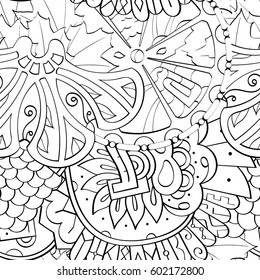Tracery seamless calming pattern. Mehndi design. Ethnic monochrome binary doodle texture. Curved doodling black and white background. Vector.