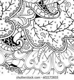 Tracery seamless calming pattern. Mehndi design. Ethnic monochrome binary doodle texture. Curved doodling black and white background. Vector.