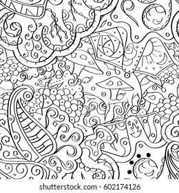 Tracery seamless calming pattern. Mehndi design. Ethnic monochrome binary doodle texture. Curved doodling black and white background. Vector.