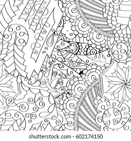 Tracery seamless calming pattern. Mehndi design. Ethnic monochrome binary doodle texture. Curved doodling black and white background. Vector.