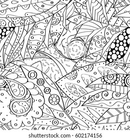 Tracery seamless calming pattern. Mehndi design. Ethnic monochrome binary doodle texture. Curved doodling black and white background. Vector.