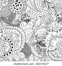 Tracery seamless calming pattern. Mehndi design. Ethnic monochrome binary doodle texture. Curved doodling black and white background. Vector.