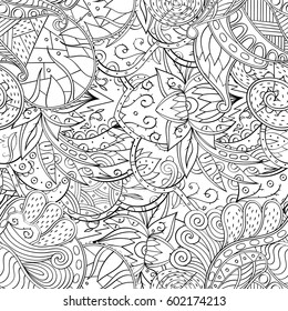 Tracery seamless calming pattern. Mehndi design. Ethnic monochrome binary doodle texture. Curved doodling black and white background. Vector.