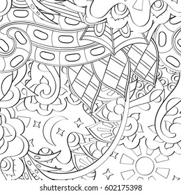 Tracery seamless calming pattern. Mehndi design. Ethnic monochrome binary doodle texture. Curved doodling black and white background. Vector.