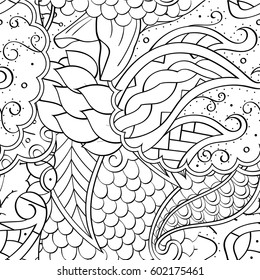 Tracery seamless calming pattern. Mehndi design. Ethnic monochrome binary doodle texture. Curved doodling black and white background. Vector.
