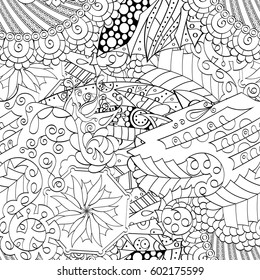 Tracery seamless calming pattern. Mehndi design. Ethnic monochrome binary doodle texture. Curved doodling black and white background. Vector.