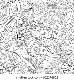 Tracery seamless calming pattern. Mehndi design. Ethnic monochrome binary doodle texture. Curved doodling black and white background. Vector.