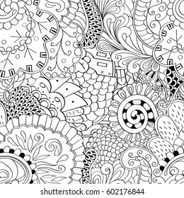 Tracery seamless calming pattern. Mehndi design. Ethnic monochrome binary doodle texture. Curved doodling black and white background. Vector.
