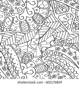 Tracery seamless calming pattern. Mehndi design. Ethnic monochrome binary doodle texture. Curved doodling black and white background. Vector.