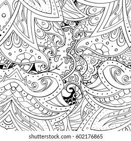 Tracery seamless calming pattern. Mehndi design. Ethnic monochrome binary doodle texture. Curved doodling black and white background. Vector.