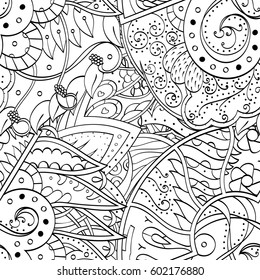 Tracery seamless calming pattern. Mehndi design. Ethnic monochrome binary doodle texture. Curved doodling black and white background. Vector.