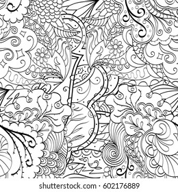 Tracery seamless calming pattern. Mehndi design. Ethnic monochrome binary doodle texture. Curved doodling black and white background. Vector.