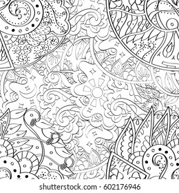 Tracery seamless calming pattern. Mehndi design. Ethnic monochrome binary doodle texture. Curved doodling black and white background. Vector.