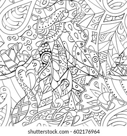 Tracery seamless calming pattern. Mehndi design. Ethnic monochrome binary doodle texture. Curved doodling black and white background. Vector.