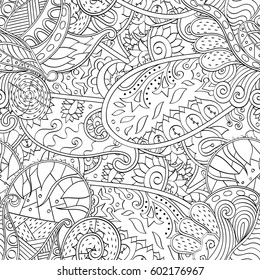 Tracery seamless calming pattern. Mehndi design. Ethnic monochrome binary doodle texture. Curved doodling black and white background. Vector.