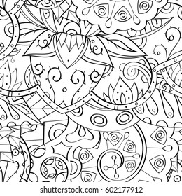 Tracery seamless calming pattern. Mehndi design. Ethnic monochrome binary doodle texture. Curved doodling black and white background. Vector.