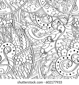 Tracery seamless calming pattern. Mehndi design. Ethnic monochrome binary doodle texture. Curved doodling black and white background. Vector.