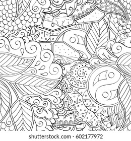 Tracery seamless calming pattern. Mehndi design. Ethnic monochrome binary doodle texture. Curved doodling black and white background. Vector.