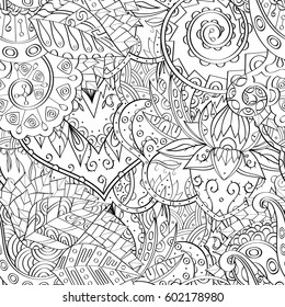 Tracery seamless calming pattern. Mehndi design. Ethnic monochrome binary doodle texture. Curved doodling black and white background. Vector.