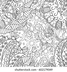 Tracery seamless calming pattern. Mehndi design. Ethnic monochrome binary doodle texture. Curved doodling black and white background. Vector.
