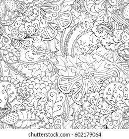 Tracery seamless calming pattern. Mehndi design. Ethnic monochrome binary doodle texture. Curved doodling black and white background. Vector.