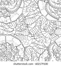 Tracery seamless calming pattern. Mehndi design. Ethnic monochrome binary doodle texture. Curved doodling black and white background. Vector.