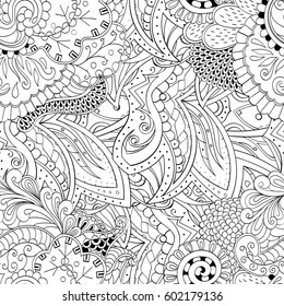 Tracery seamless calming pattern. Mehndi design. Ethnic monochrome binary doodle texture. Curved doodling black and white background. Vector.