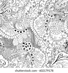 Tracery seamless calming pattern. Mehndi design. Ethnic monochrome binary doodle texture. Curved doodling black and white background. Vector.