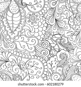 Tracery seamless calming pattern. Mehndi design. Ethnic monochrome binary doodle texture. Curved doodling black and white background. Vector.