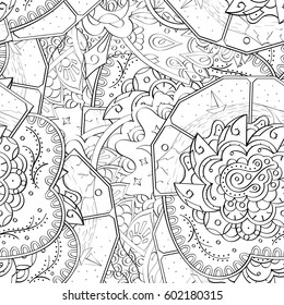 Tracery seamless calming pattern. Mehndi design. Ethnic monochrome binary doodle texture. Curved doodling black and white background. Vector.