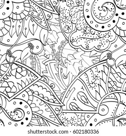 Tracery seamless calming pattern. Mehndi design. Ethnic monochrome binary doodle texture. Curved doodling black and white background. Vector.