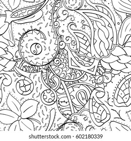 Tracery seamless calming pattern. Mehndi design. Ethnic monochrome binary doodle texture. Curved doodling black and white background. Vector.
