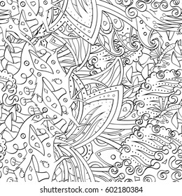 Tracery seamless calming pattern. Mehndi design. Ethnic monochrome binary doodle texture. Curved doodling black and white background. Vector.