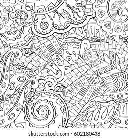 Tracery seamless calming pattern. Mehndi design. Ethnic monochrome binary doodle texture. Curved doodling black and white background. Vector.