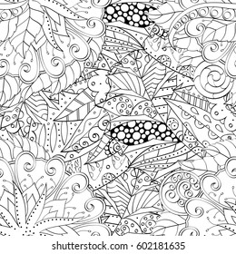 Tracery seamless calming pattern. Mehndi design. Ethnic monochrome binary doodle texture. Curved doodling black and white background. Vector.