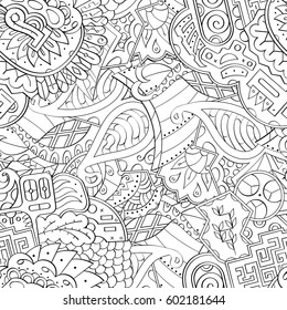 Tracery seamless calming pattern. Mehndi design. Ethnic monochrome binary doodle texture. Curved doodling black and white background. Vector.