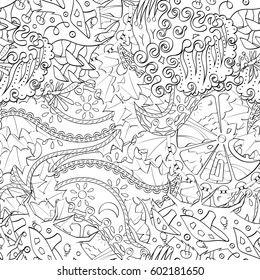 Tracery seamless calming pattern. Mehndi design. Ethnic monochrome binary doodle texture. Curved doodling black and white background. Vector.