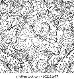 Tracery seamless calming pattern. Mehndi design. Ethnic monochrome binary doodle texture. Curved doodling black and white background. Vector.