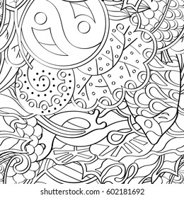 Tracery seamless calming pattern. Mehndi design. Ethnic monochrome binary doodle texture. Curved doodling black and white background. Vector.