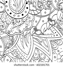 Tracery seamless calming pattern. Mehndi design. Ethnic monochrome binary doodle texture. Curved doodling black and white background. Vector.