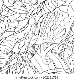 Tracery seamless calming pattern. Mehndi design. Ethnic monochrome binary doodle texture. Curved doodling black and white background. Vector.