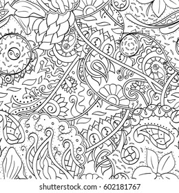 Tracery seamless calming pattern. Mehndi design. Ethnic monochrome binary doodle texture. Curved doodling black and white background. Vector.