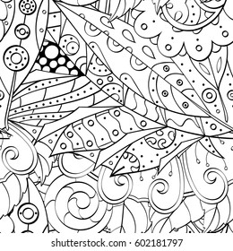 Tracery seamless calming pattern. Mehndi design. Ethnic monochrome binary doodle texture. Curved doodling black and white background. Vector.